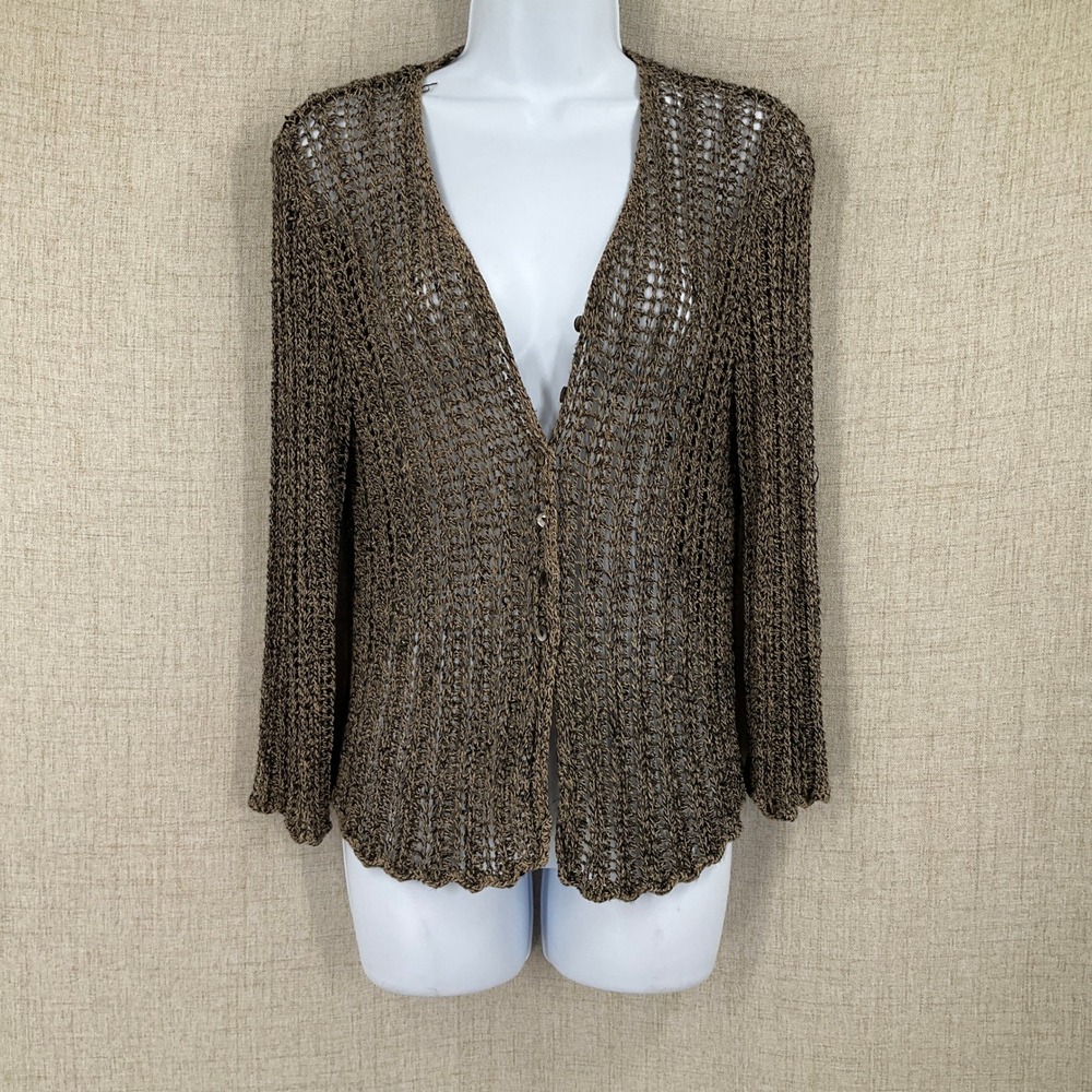 Sigrid Olsen Cardigan Women S Bronze‎ Linen Open Knit Crochet V-Neck Vintage